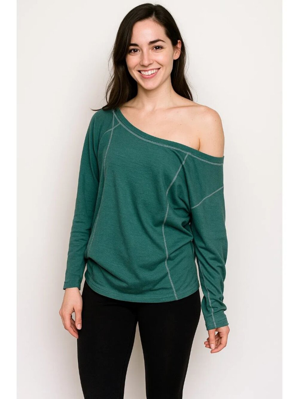 Bloom Yoga Wear Large Oversized Off-Shoulder Sweatshirt Poly Spandex Teal Green